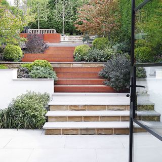 Garden with steps and raised beds