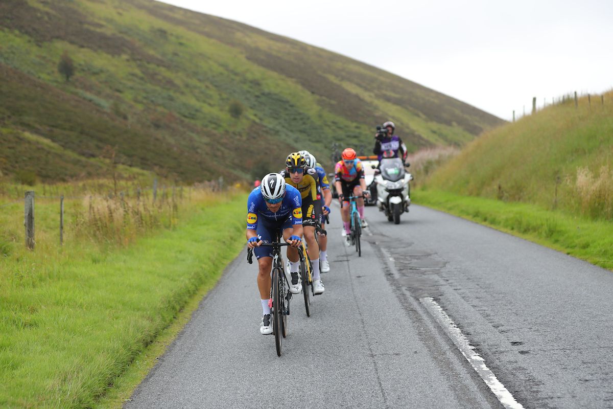 Picture by SWpixcom 11092021 Cycling AJ Bell Tour of Britain Stage 7 Hawick to Edinburgh Scotland Yves Lampaert and Davide Ballerini of DeceuninckQuickStep