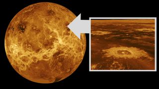 (Main) A computer-simulated view of Venus based on Magellan spacecraft data. (Inset) The hellish surface of the planet as seen by NASA's Magellan spacecraft in the 1990s.
