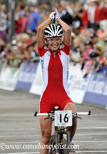 Maja Wloszczowska (Poland) is ecstatic about her win in the women's cross country world championship.