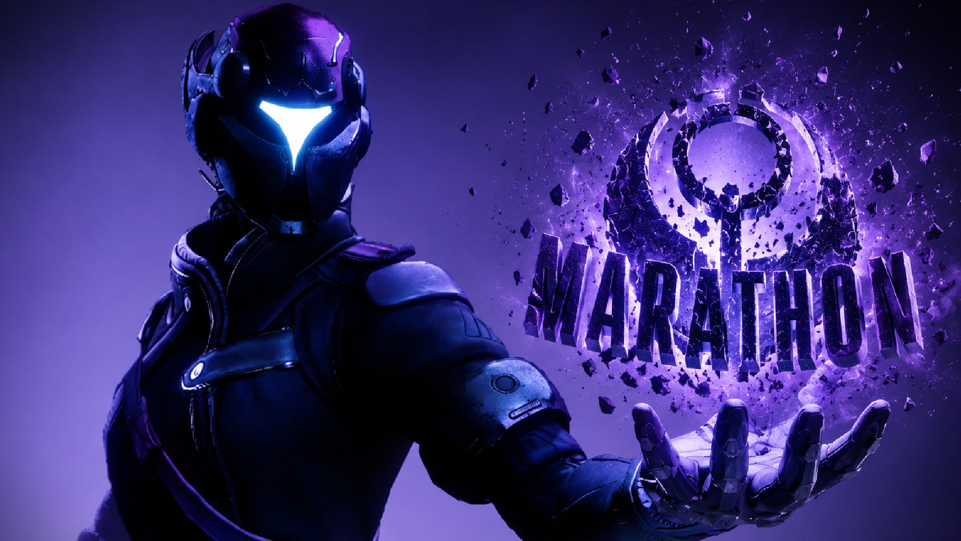 Destiny 2 void subclass crumbling Marathon logo and symbol glowing with purple energy, as fragments shatter and float through a dark futuristic backdrop.
