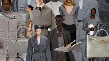 Collage of SS24 models wearing the gray trend mixed with gray product images.