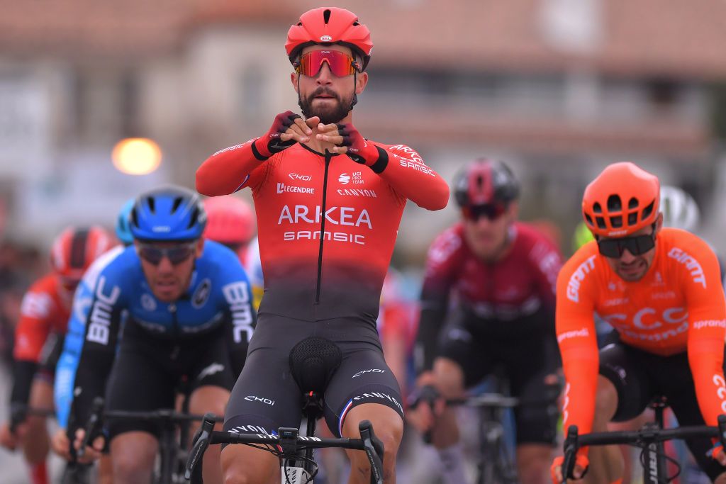 SAINTESMARIESDELAMER FRANCE FEBRUARY 13 Arrival Nacer Bouhanni of France and Team Arka Samsic Celebration Jakub Mareczko of Italy and CCC Team Giacomo Nizzolo of Italy and Team NTT Pro Cycling during the 5th Tour de La Provence 2020 Stage 1 a 1495km stage from Chteaurenard to SaintesMariesDeLaMer TDLP letourdelaprovence TDLP2020 on February 13 2020 in SaintesMariesDeLaMer France Photo by Luc ClaessenGetty Images