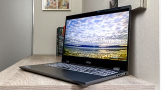 MSI Prestige 16 AI EVO (2025) review unit on desk