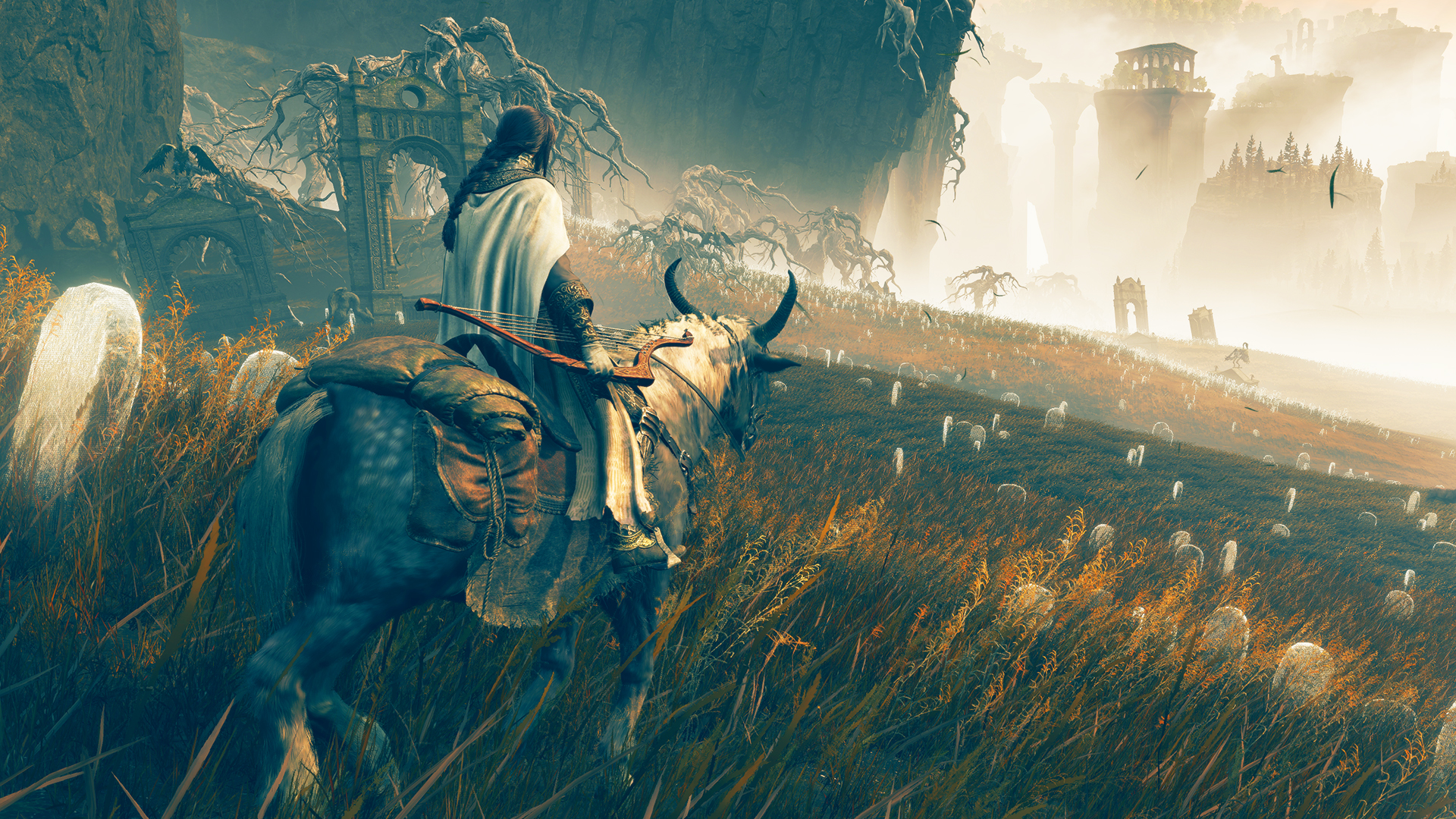 A cloaked player character riding a horse in a field of graves in Elden Ring Shadow of the Erdtree