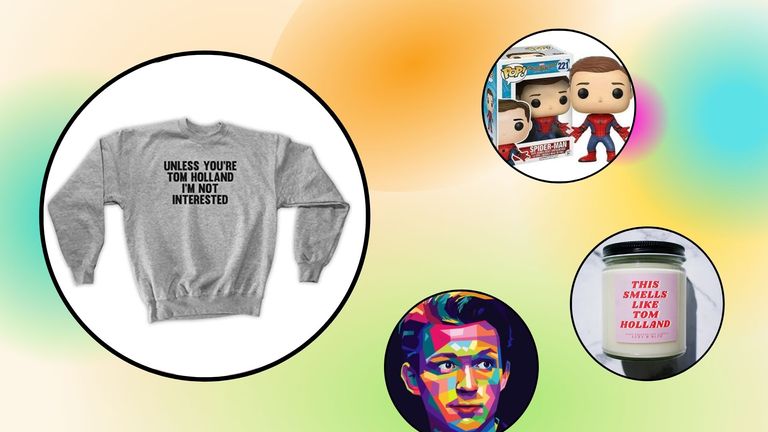 tom holland merch; sweatshirt, figurine, painting and candle