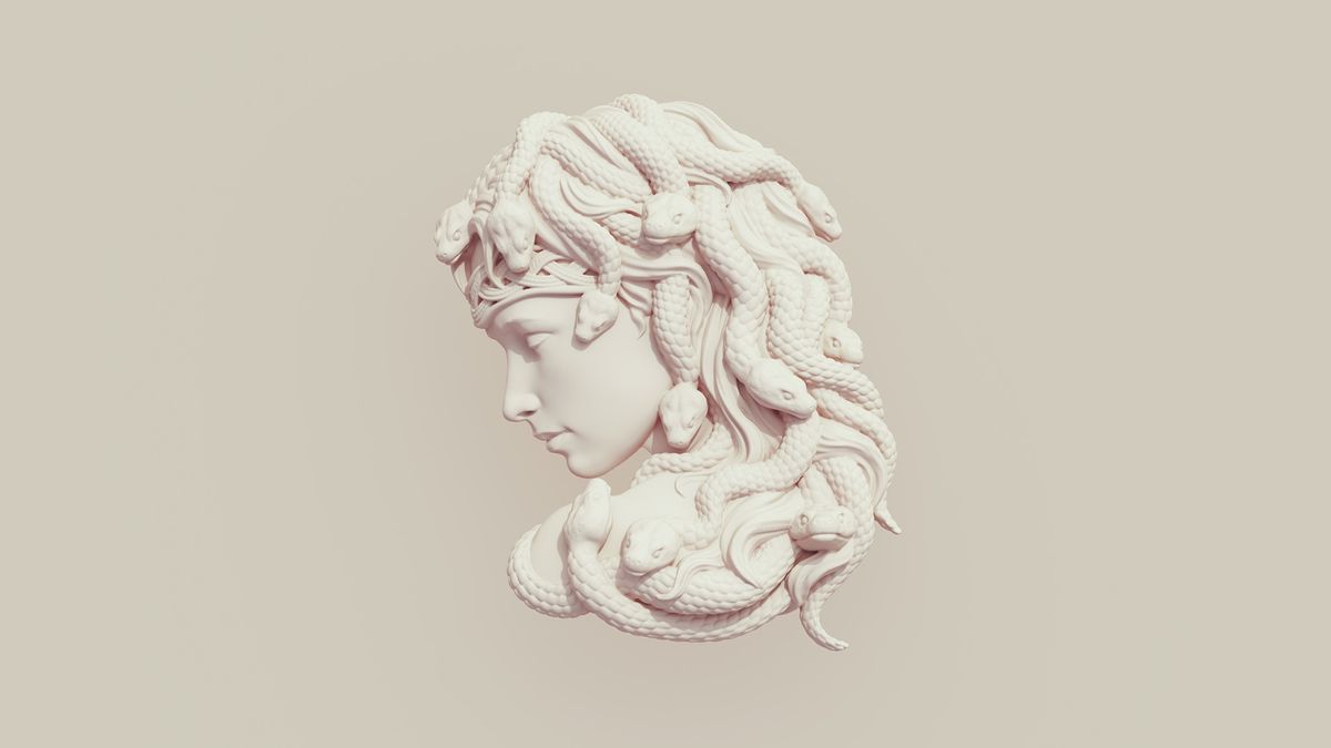 Medusa statue bust on white background