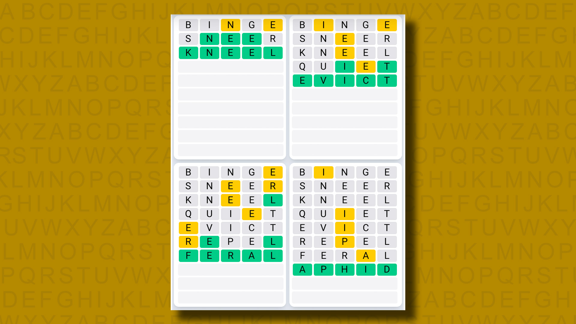 Quordle Daily Sequence answers for game 1080 on a yellow background