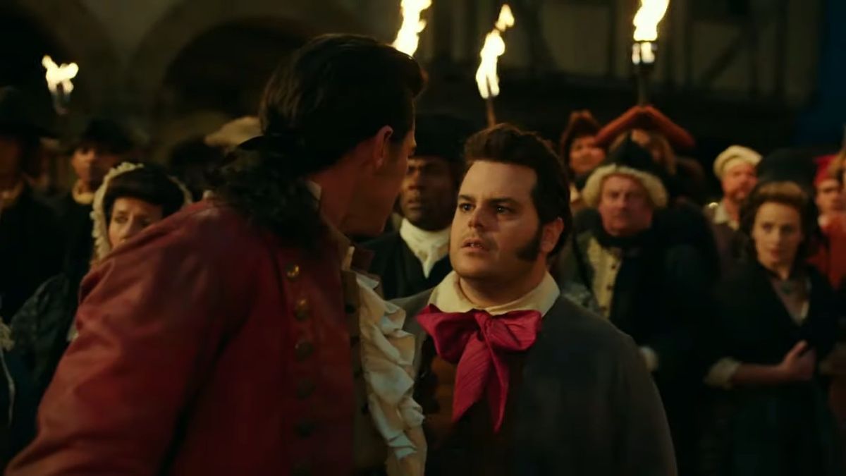 Screenshot of Josh Gad&#039;s Lefou confronting Luke Evans&#039; Gaston in Beauty and the Beast