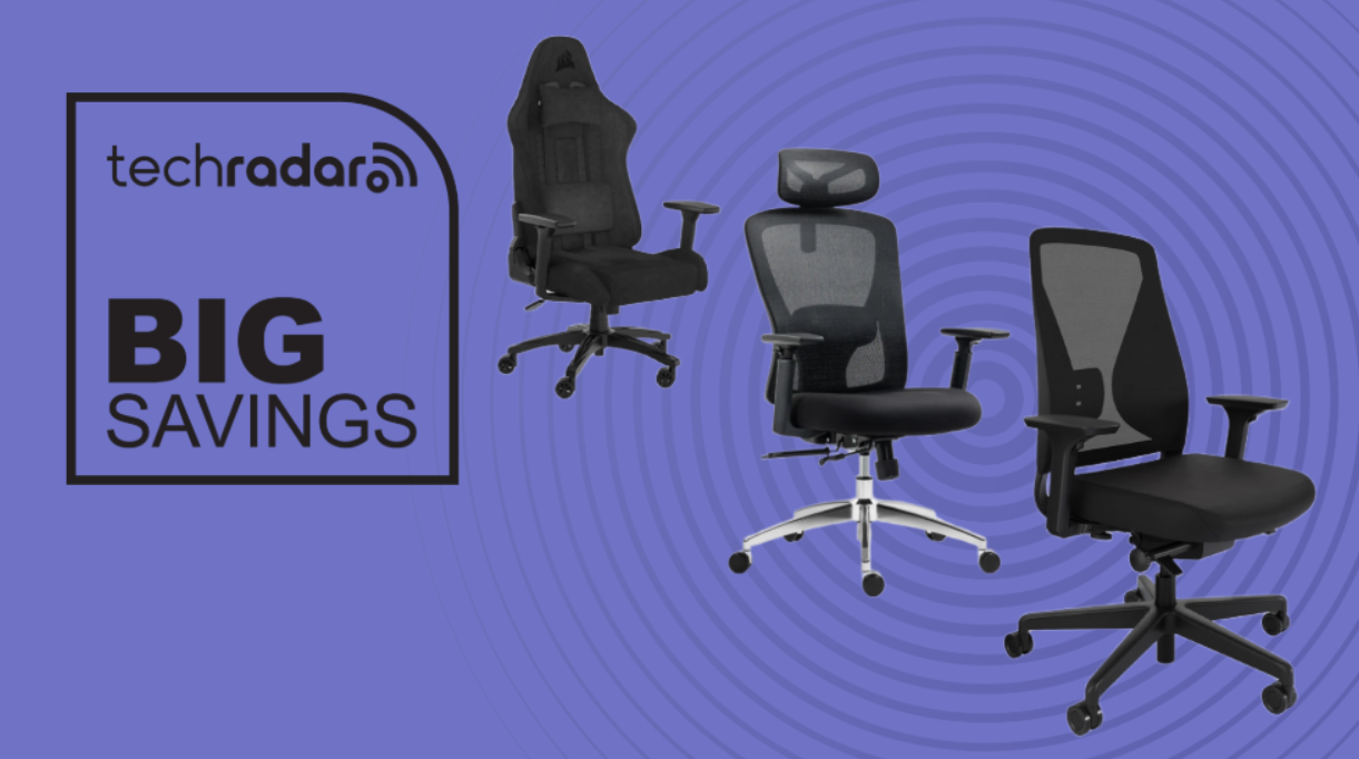 Office chairs from Boulies, Corsair, and Vari next to a TechRadar badge reading &#039;Big Savings&#039;