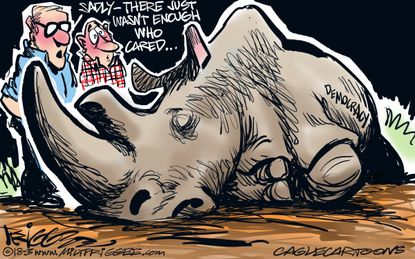 Political cartoon U.S. white rhino death of democracy