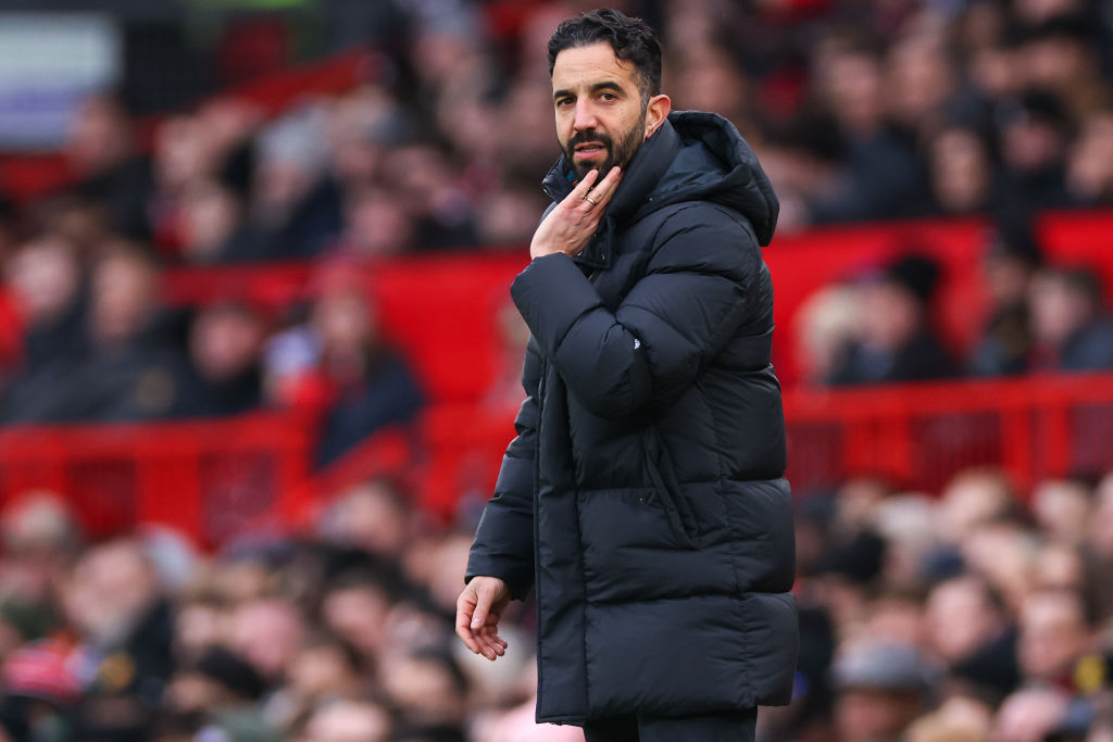 MANCHESTER, ENGLAND - FEBRUARY 2: Ruben Amorim the head coach / manager of Manchester United reacts during the Premier League match between Manchester United FC and Crystal Palace FC at Old Trafford on February 2, 2025 in Manchester, England. (Photo by Robbie Jay Barratt - AMA/Getty Images)