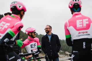 Team manager Jonathan Vaughters speaks to the riders