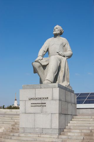 A statue of Konstantin Tsiolkovsky sits in the Alley of Cosmonauts in Moscow.