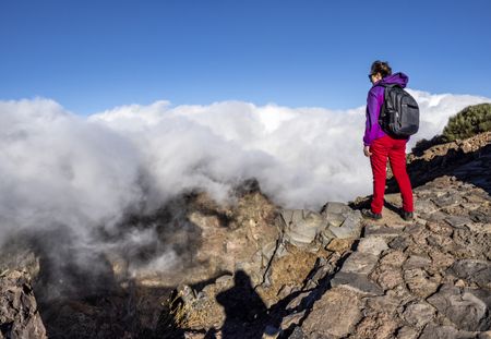 A woman standing on a mountain peak looking at out a rocky landscape.