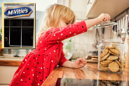 McVities sign drop in on main image of child reaching inside glass jar for biscuits