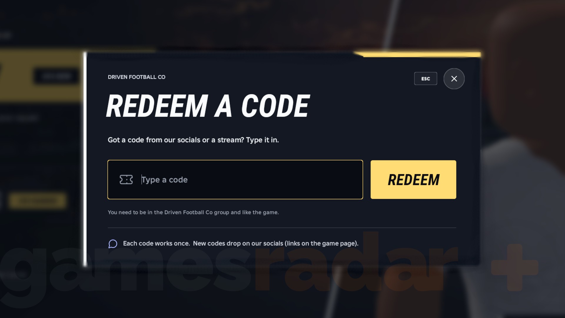 The Driven Football codes redemption box in-game.