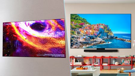 The LG C6 and the LG C5 displaying colorful imagery in a side-by-side composite