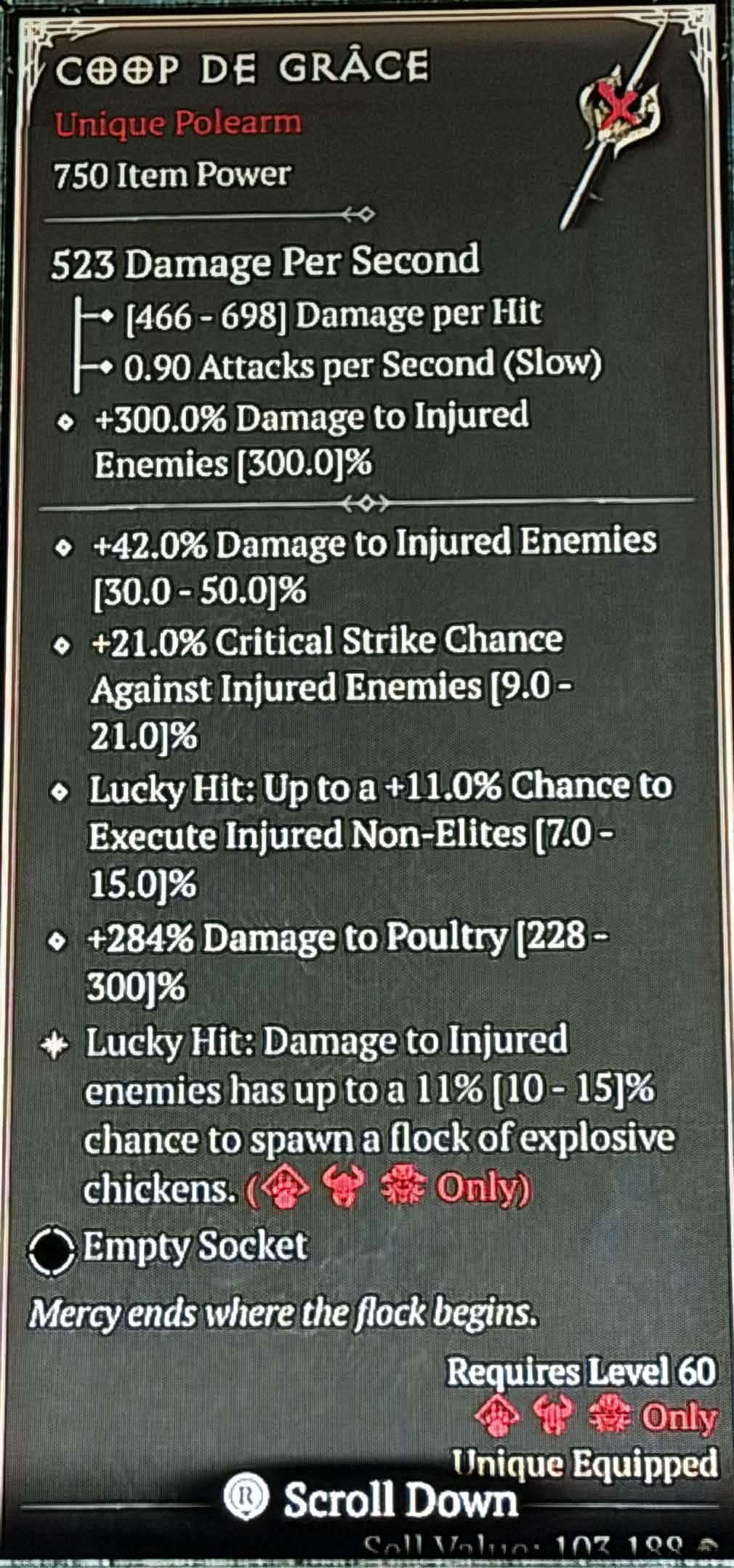 A screenshot of an April Fool's Day item in Diablo 4. A polearm called the Coop De Grace that increases your damage to poulty.