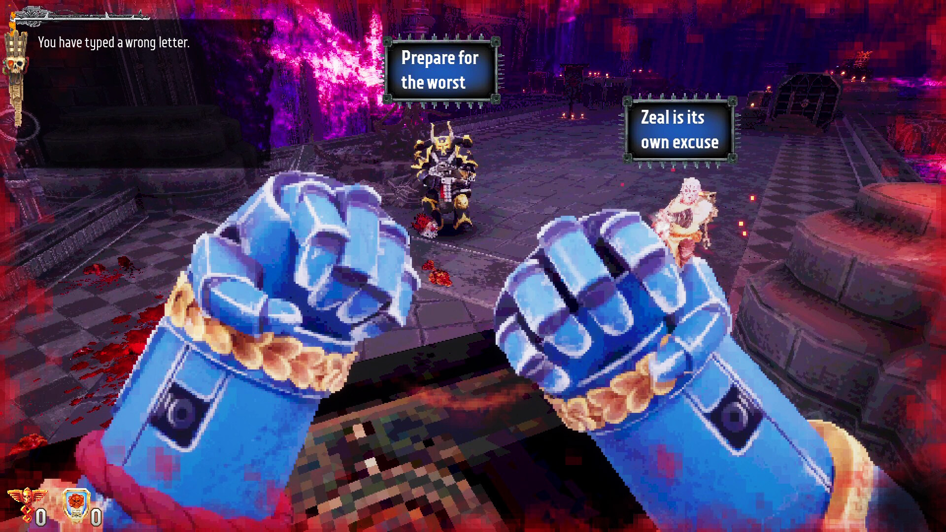 A space marine throwing up their fists in death as the player typed a wrong word in Warhammer 40,000: Boltgun - Words of Vengeance