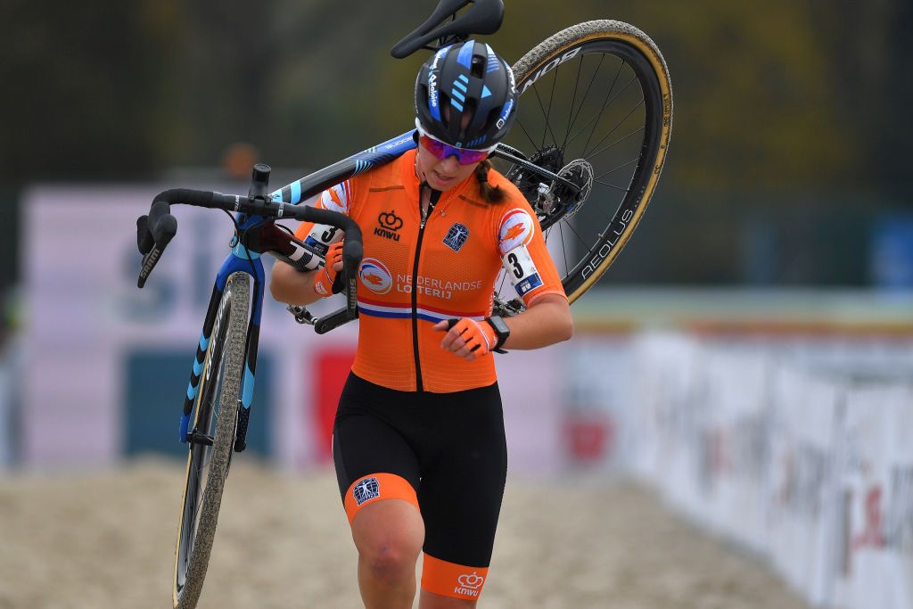 The Netherlands&#039; Shirin van Anrooij on her way to fifth place in the under-23 women&#039;s race at the UEC Cyclo-Cross European Championships in &#039;s-Hertogenbosch, in the Netherlands