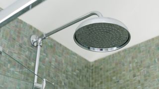 picture of stainless steel shower head with tiled walls