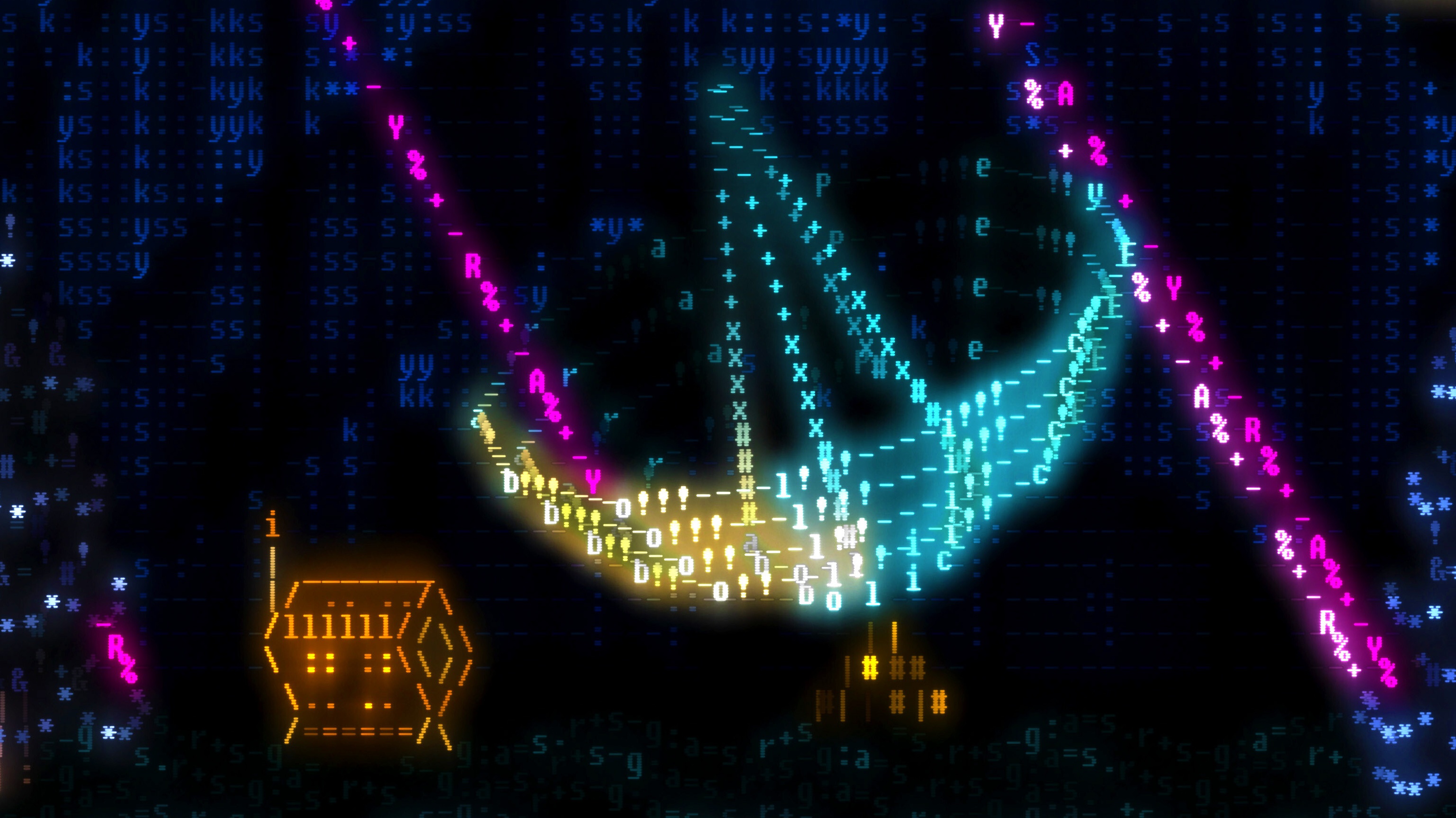 A radar dish is struck by a beam from space. The entire image is rendered in ASCII art.