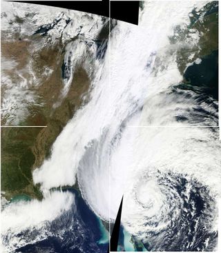 Panorama of MODIS images from the morning of 27 October 2012 showing Hurricane Sandy threatening the eastern seaboard of the United States.