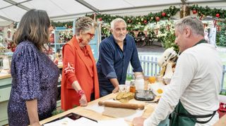 Paul and Prue chat with Dean in The Great British Bake Off Christmas special 2024