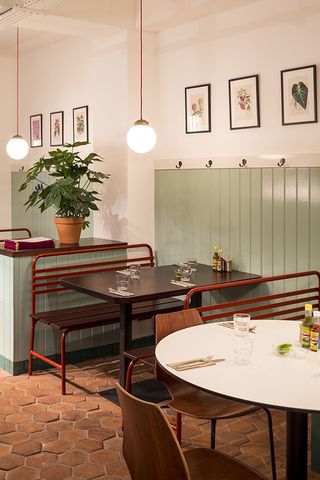 Seating area in Corazón restaurant — London, UK
