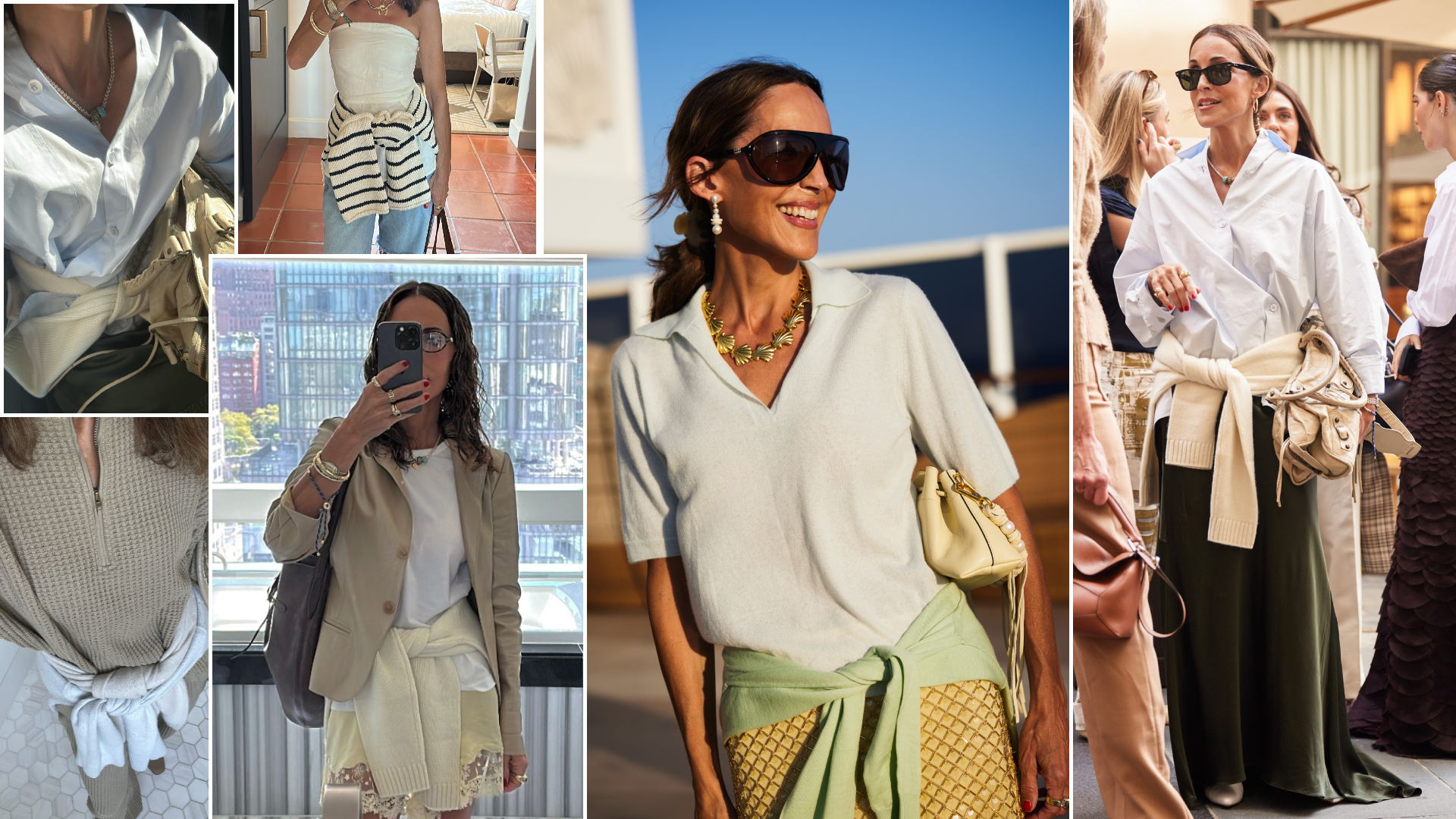 a collage of fashion creator Larissa Mills wearing sweaters around her waist