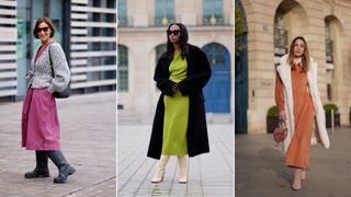 A composite of street style influencers showing autumn outfit ideas - midi dress and boots
