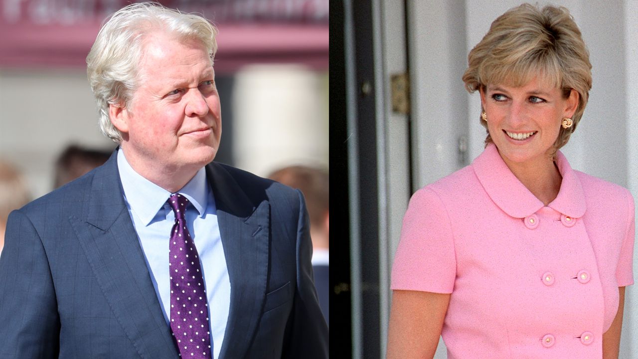 Charles Spencer wearing a blue suit jacket and purple tie looking to the right and a photo of Princess Diana wearing a pink suit jacket and smiling looking to the right