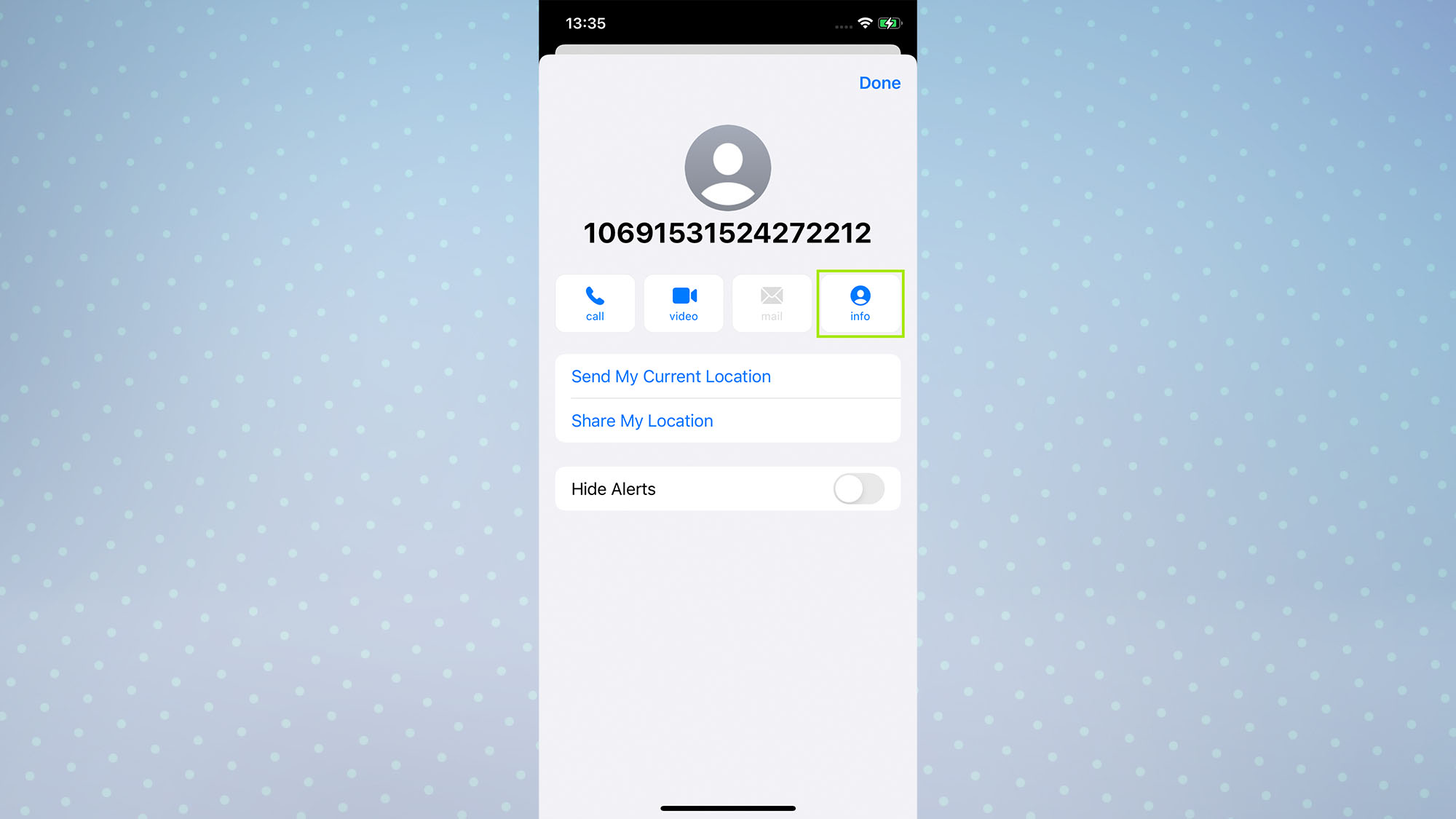 A screenshot of an iPhone screen showing the Messages app with a contact card open and the info button highlighted.