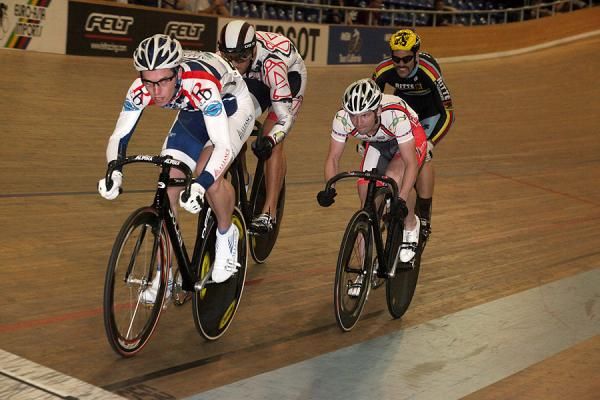 First Round Keirin action with Matt Baranoski, John Linchitz, Daniel Walker and Jack Lindquist.