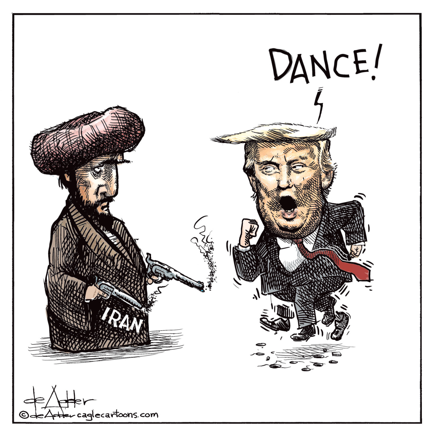A man in Iranian religious clothing holds two smoking guns next to a dancing Donald Trump who says, &amp;ldquo;Dance!&amp;rdquo; as he scrambles to avoid shots at his feet.