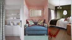 three images of small spaces including a kitchen, bedroom and bathroom