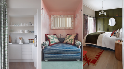 three images of small spaces including a kitchen, bedroom and bathroom
