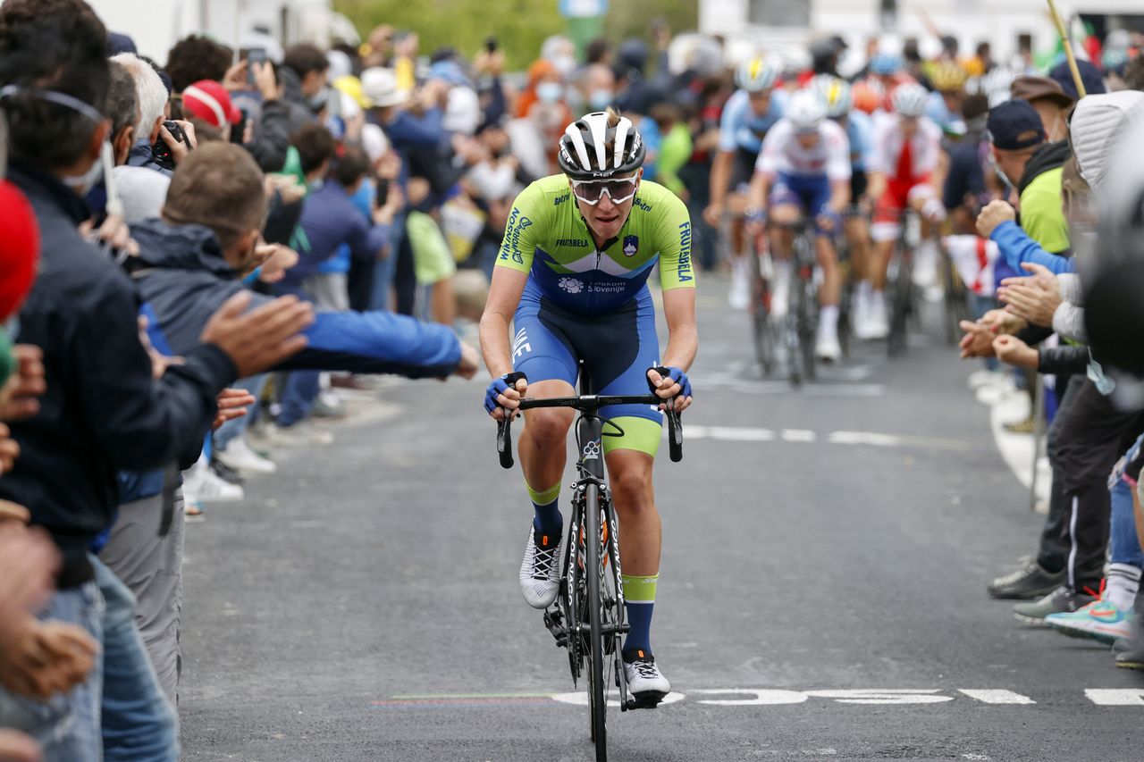 Tadej Pogacar in a late-race breakaway at the World Championships