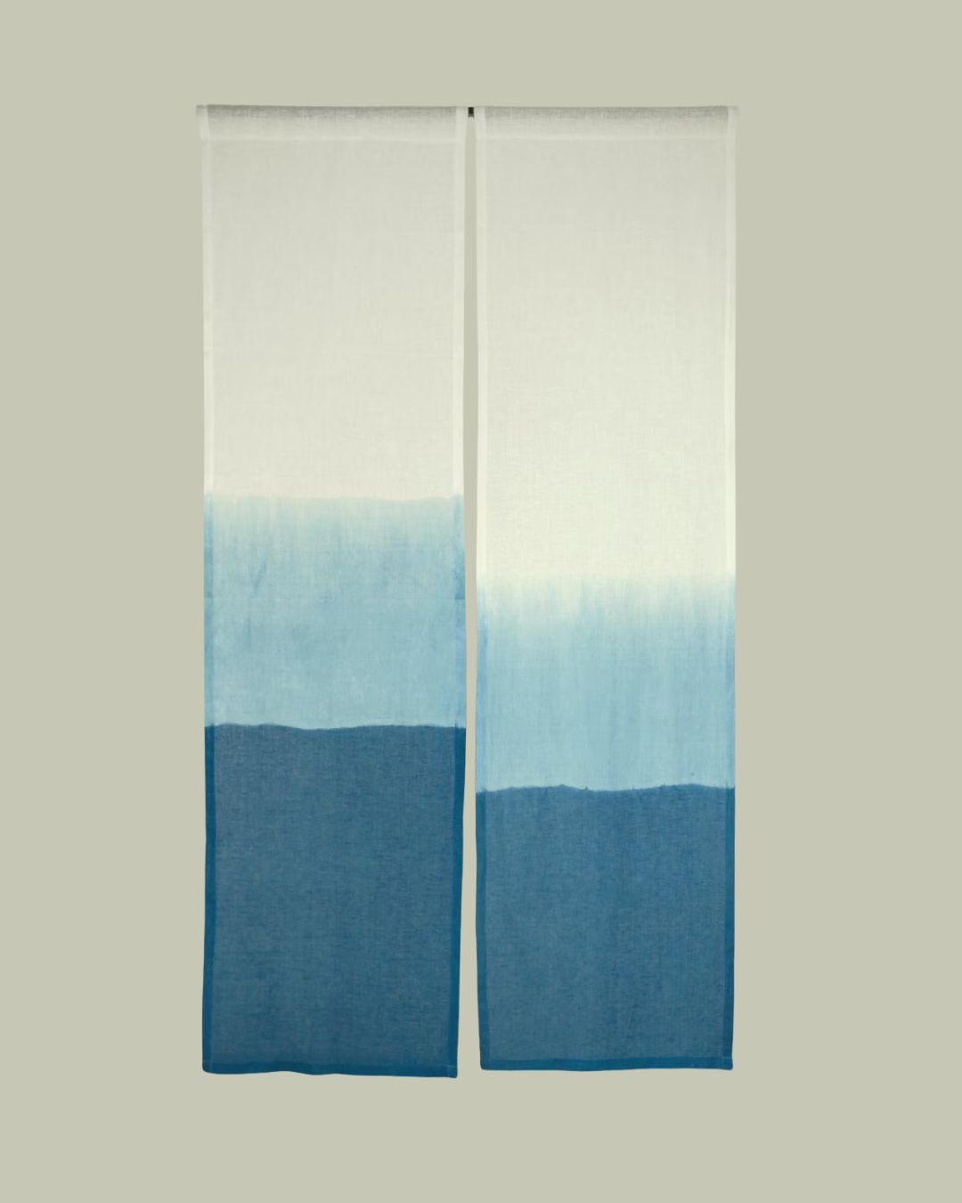 Handmade Indigo Plant Dyed Noren Curtain, Japanese Style Room Divider, Eco-Friendly Linen Window Cover against pale green background.