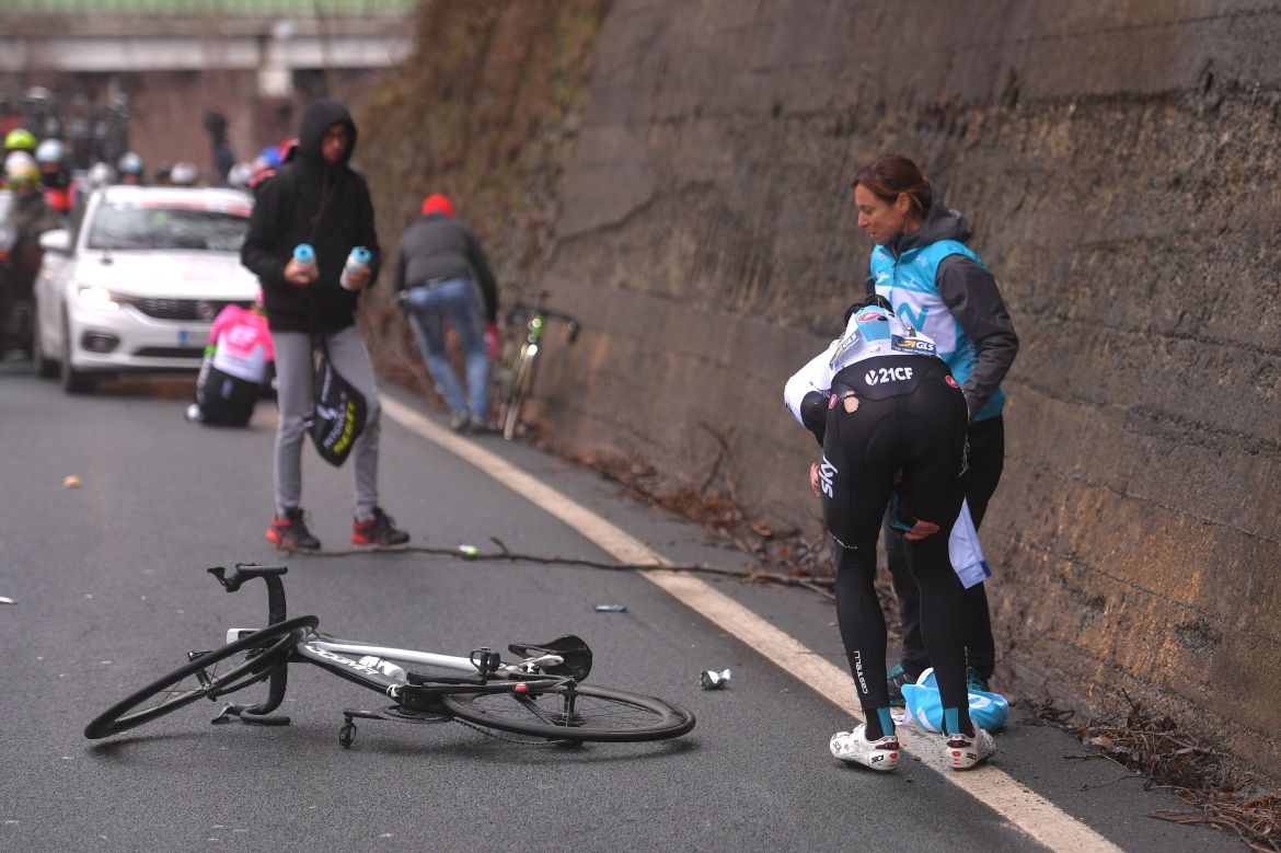 Lukas Wisniowski (Team Sky) gets up from a crash