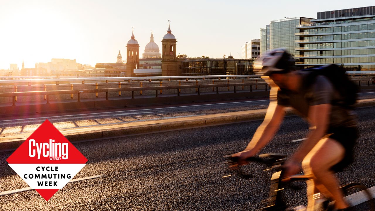 Image shows a rider completing a workout while cycle commuting to work.