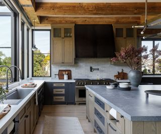 Wooden kitchen with two-tone kitchen countertops