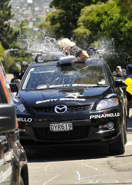 The Scotty Brown publicity vehicle takes a direct hit from a water bomb.