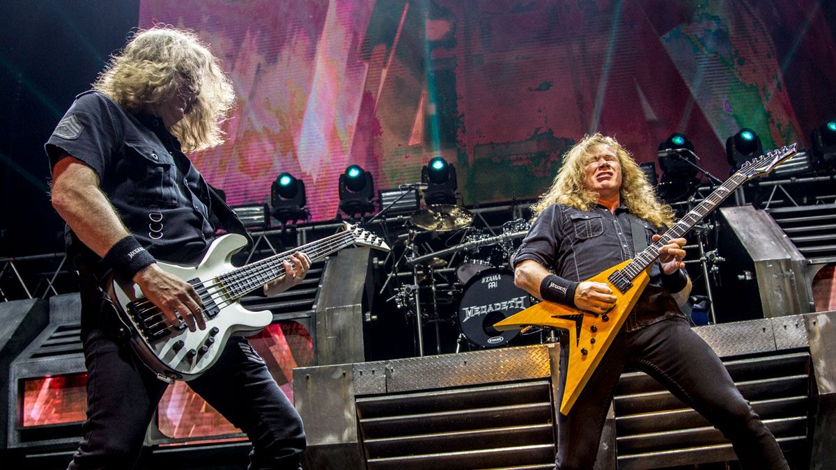 David Ellefson and Dave Mustaine performs during Megadeth concert as part of Dystopia World Tour at Luna Park on August 22, 2016 in Buenos Aires, Argentina.