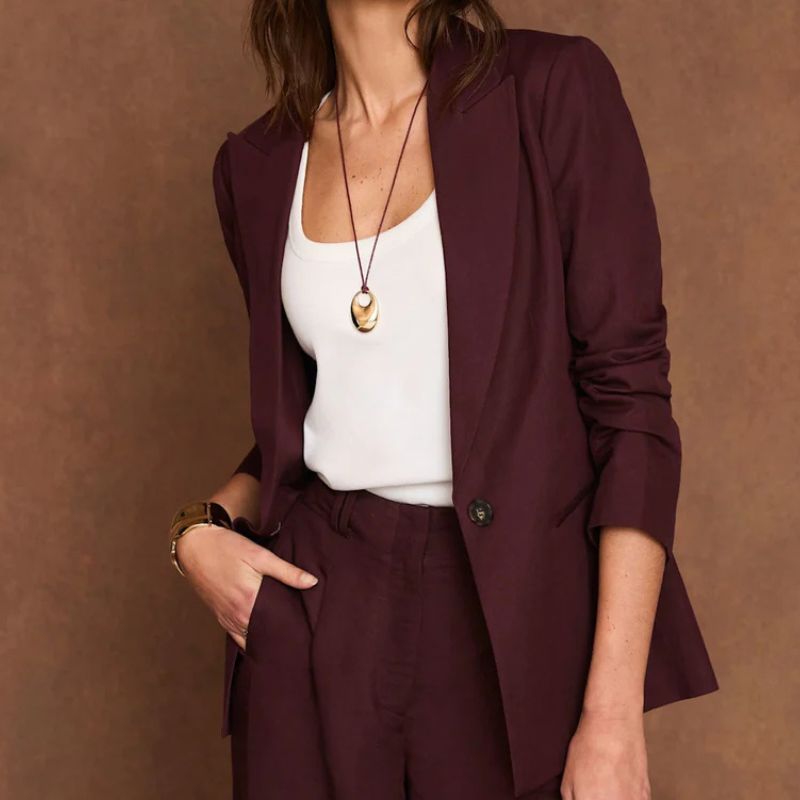 Mint Velvet , Burgundy Linen Blend Single Breasted Blazer
