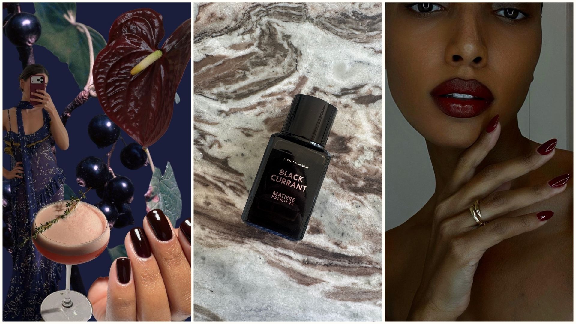A collage featuring purple tones and matiere premiere black currant perfume
