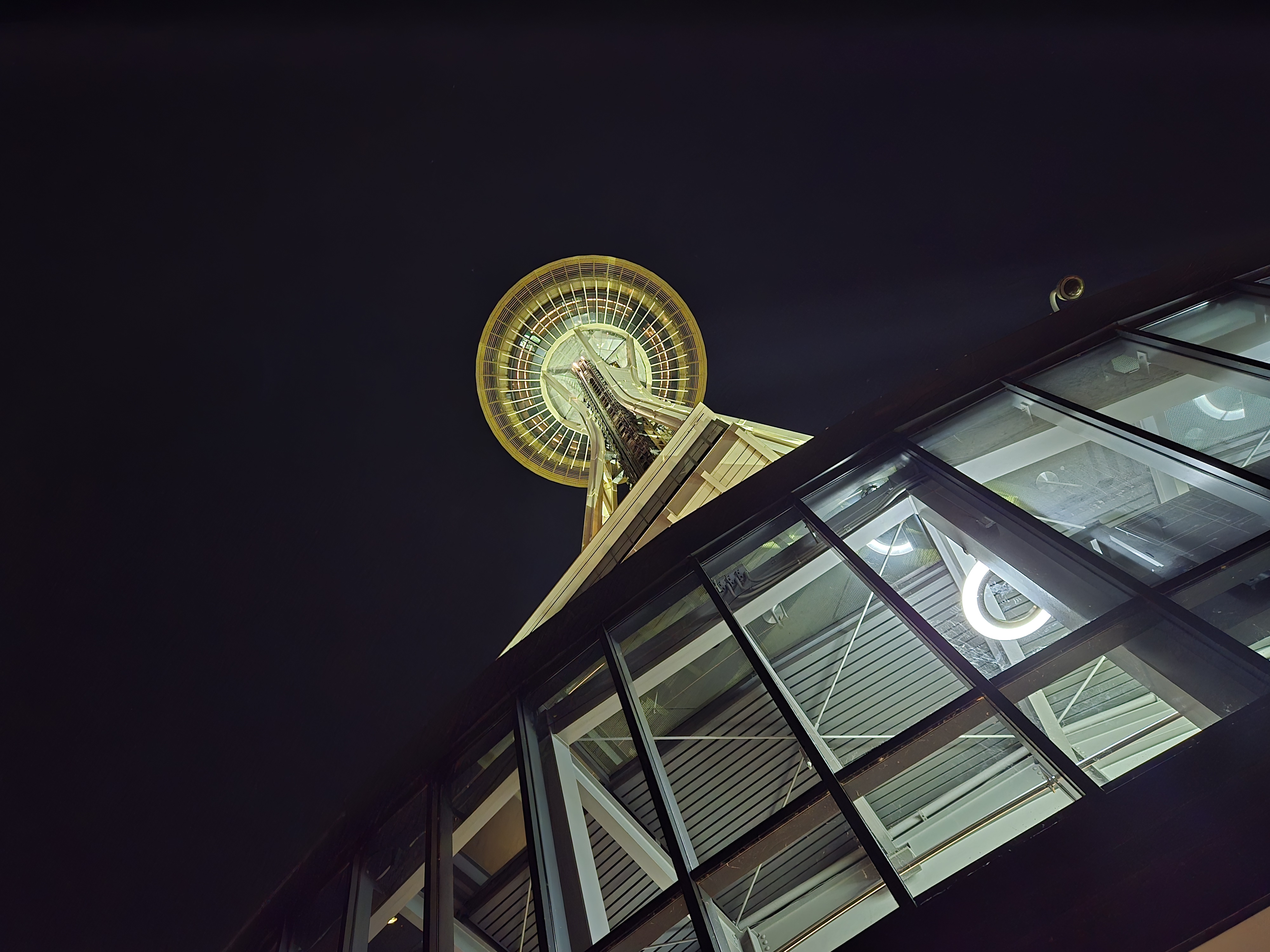 Underneath the Seattle Space Needle at night