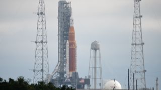 NASA’s Space Launch System (SLS) rocket with the Orion spacecraft aboard is seen atop a mobile launcher at Kennedy Space Center's Launch Complex 39B on April 3, 2022.