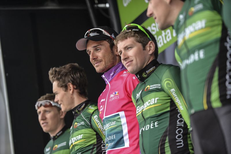 Team Europcar with mountains classification leader Perrig Qu&eacute;m&eacute;neur on stage